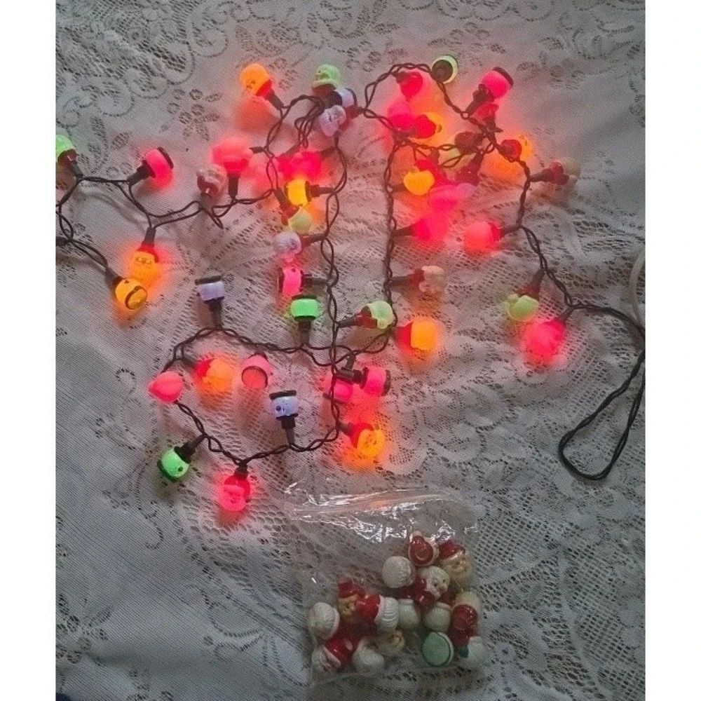 Santa & Snowman Miniature Blow Mold Bulb Covers 50 String Light Set Vtg Decor
